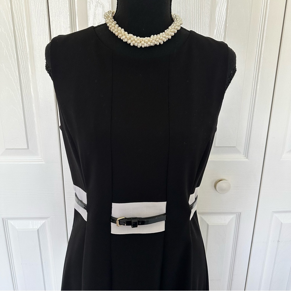 Calvin Klein Black&White Fit&Flare Dress Sleeveless Belted Knee Length Women 8P - Picture 5 of 13
